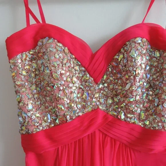 LA FEMME 18733 Beaded Bodice Chiffon Strapless Maxi Prom Dress Watermelon 4 NWT - Picture 4 of 15